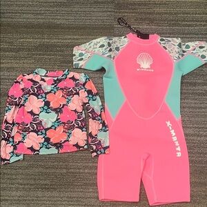 X-Manta Pink and Aqua Kids Wetsuit & Rashguard Set SZ 4/5